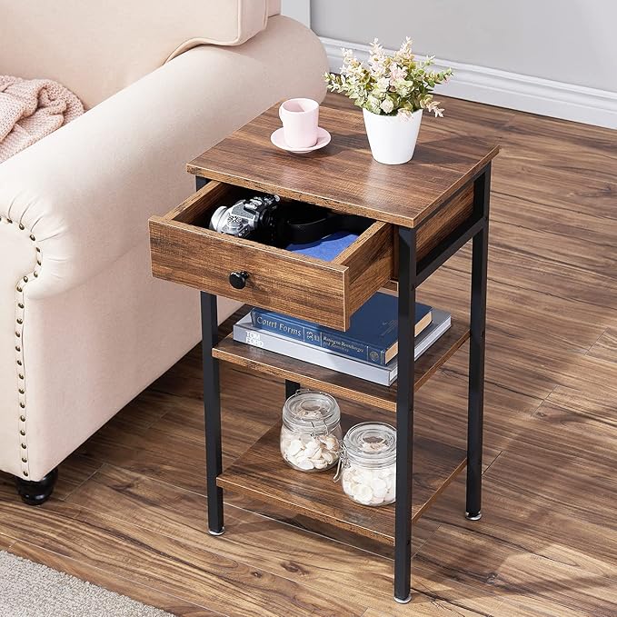 VECELO Tall End Side Table,Nightstand with Adjustable Shelf and Bin Drawer for Living Room/Bedroom/Entryway Small Spaces
