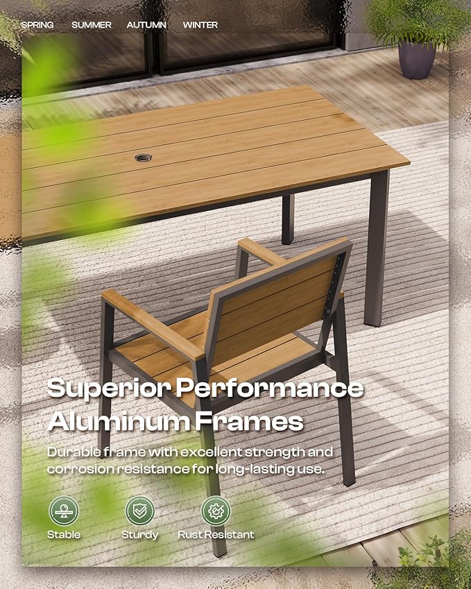 HDPS Outdoor Patio Dining Chairs Set of 2, 350LBS Capacity Aluminum Patio Dining Chairs with Armrests, Weather-Resistant for Lawn, Garden, Yard, Poolside and Indoor Use, Gray & Teak