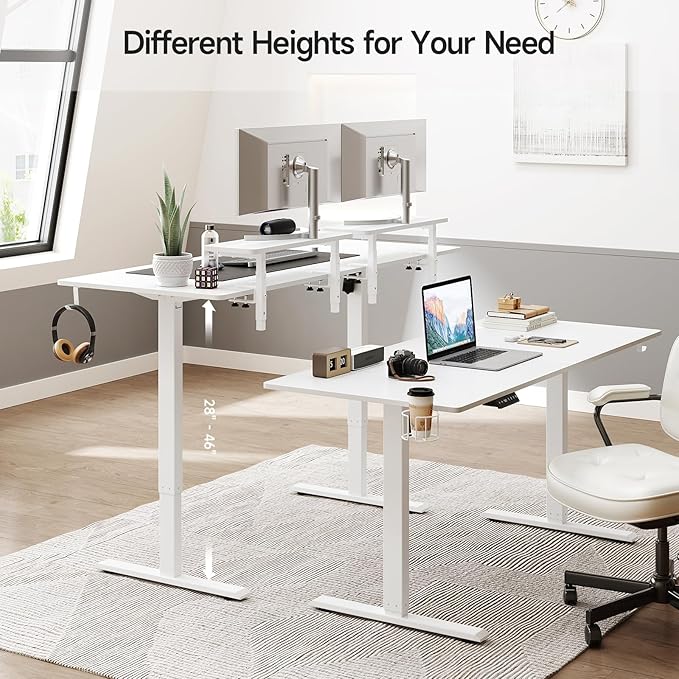 ONBRILL Standing Desk with 2 Adjustable Monitor Shelves, 63 x 24 Inch Electric Stand Up Desk with Memory Controller and Adjustable Height from 28-46 inches for Computer Workstations, All White