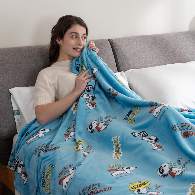 Berkshire Blanket Peanuts® VelvetLoft® Cute Character Snoopy Plush Blanket,Peanuts Large Masked Marvel Toss Happy Blue,Twin 60 in x 90 in (Official Peanuts® Product)