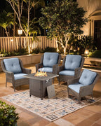 Outdoor Patio Chairs with Fire Pit Table 5 Piece Set - High Back Brown Wicker Rattan Lawn Chair with Thick Cushion for Porch Apartment Deck Yard Poolside Garden - Baby Blue