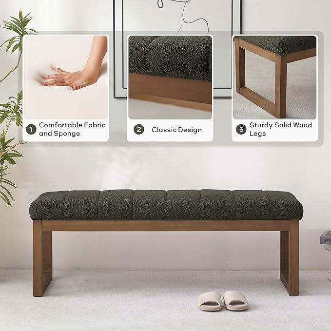 52.7" Bedroom Bench for End of Bed, Modern Upholstered Teddy Fabric Entryway Bench & Dining Bench, Footrest Stool Bench with Solid Wood Frame for Bedroom, Living Room (Green)