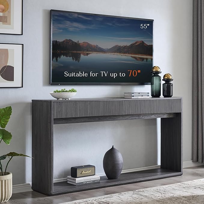 OKD 63" Fluted Console Table for Entryway, Modern Entryway Table with 2 Large Drawers, Long Sofa Table Behind Couch for Living Room, Hallway, Couch, Foyer，Dark Alder
