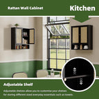 Bathroom Wall Cabinet, Bamboo Over-The-Toilet Storage Organizer with 2 Rattan Doors and Adjustable Shelf, Space Saver Medicine Cabinet for Laundry, Kitchen, Living Room (Black)
