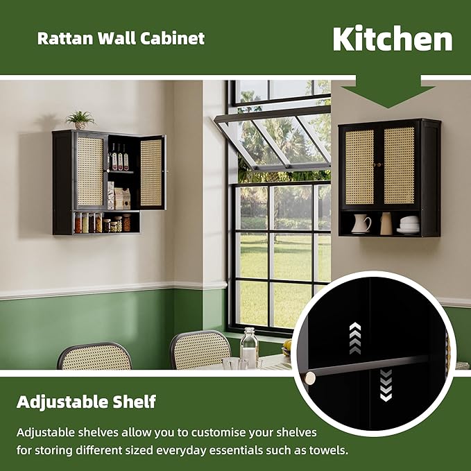 Bathroom Wall Cabinet, Bamboo Over-The-Toilet Storage Organizer with 2 Rattan Doors and Adjustable Shelf, Space Saver Medicine Cabinet for Laundry, Kitchen, Living Room (Black)