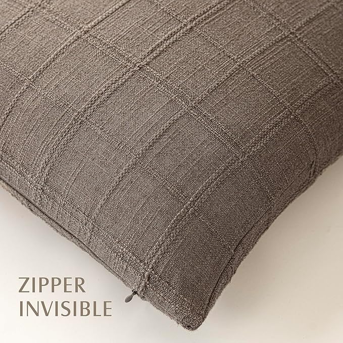 Foindtower Set of 2 Decorative Linen Check Throw Pillow Covers Neutral Farmhouse Lumbar Cushion Covers Modern Boho Home Decor for Sofa Chair Couch Bedroom Living Room,12×20 Inch,Taupe Grey