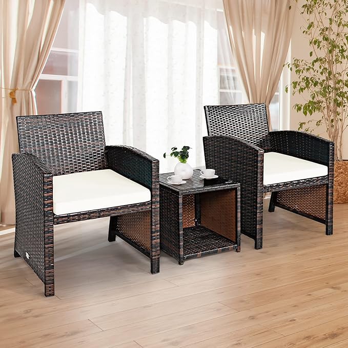 COSTWAY 3 Pieces Patio Furniture Sets, Outdoor Rattan Conversation Set with Tempered Glass Tabletop and Soft Cushion, Wicker Cushioned Chair Sofa for Backyard, Porch, Poolside, Lawn, White