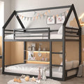 Bunk Bed Twin Over Twin, House Bunk Bed Frame with Ladder and Guardrail, House Shaped Bunk Bed Frame with Metal Slats for Girls Boys, Space Saving, No Box Spring Needed (Black)