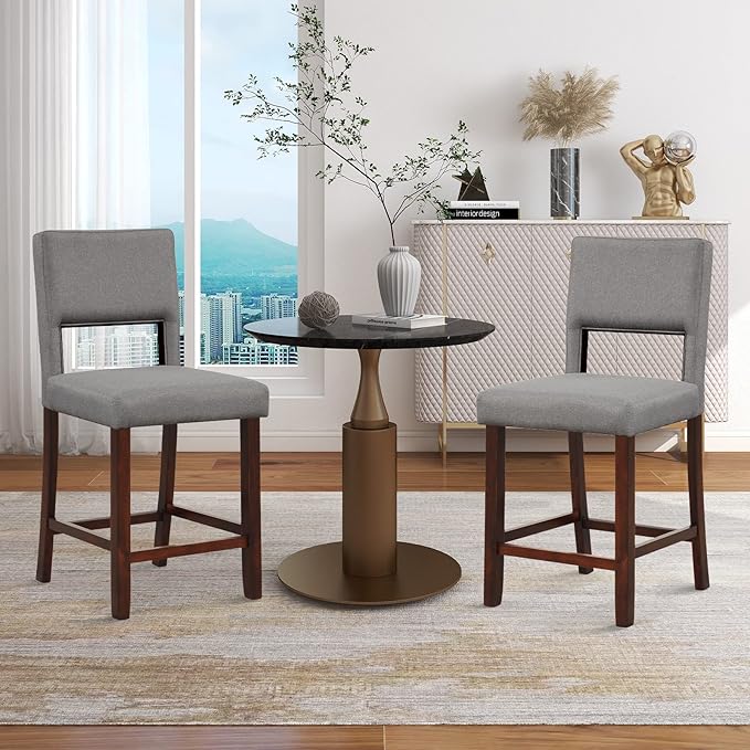 COSTWAY Bar Stools Set of 2, Linen 24.5 Inch Counter Height Chairs with Hollowed Backs, Rubber Wood Legs, Upholstered Barstools for Kitchen Island Home Bar Pub Dining Room, Grey