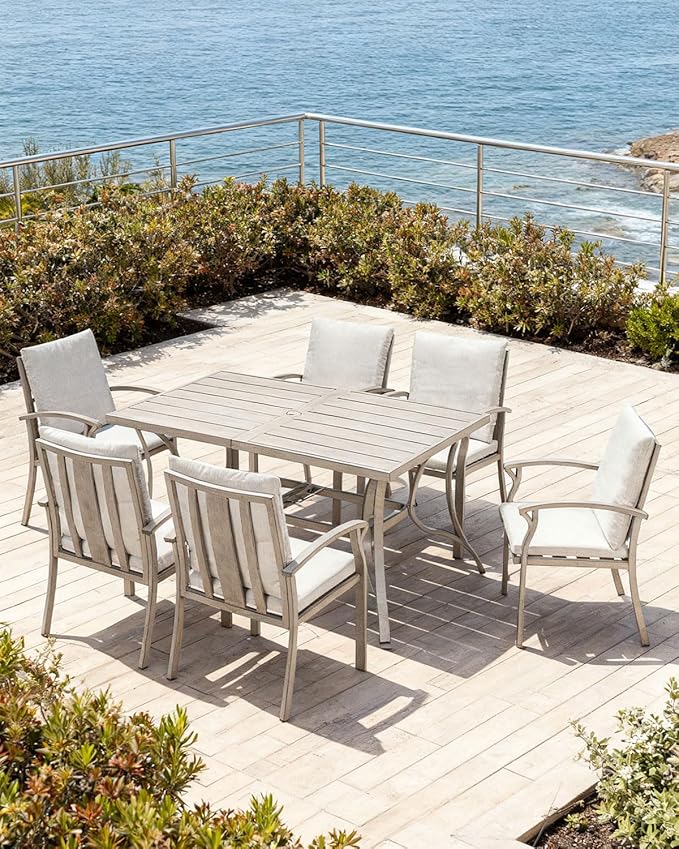 7-Piece Outdoor Patio Dining Set, Aluminum Patio Dining Set with 2.2" Umbrella Hole, Outdoor Table and Chairs with Cushions, Patio Furniture Sets for Lawn, Garden, Backyard, Limed Oak