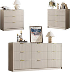 3-Piece Dresser Bedroom Set, 9 Drawer Dresser & 3 Drawer Nightstands with Gold Handles, Fluted Wood Chest of Drawers for Bedroom, Living Room, Entryway, Beige