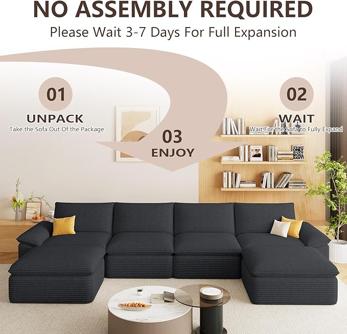 113.03" Sectional Couches for Living Room Modern Modular Sofa Couchs Upholstered Corduroy Boneless Couch Deep Seat Cloud Couch with Ottoman, No Assembly Required, Black