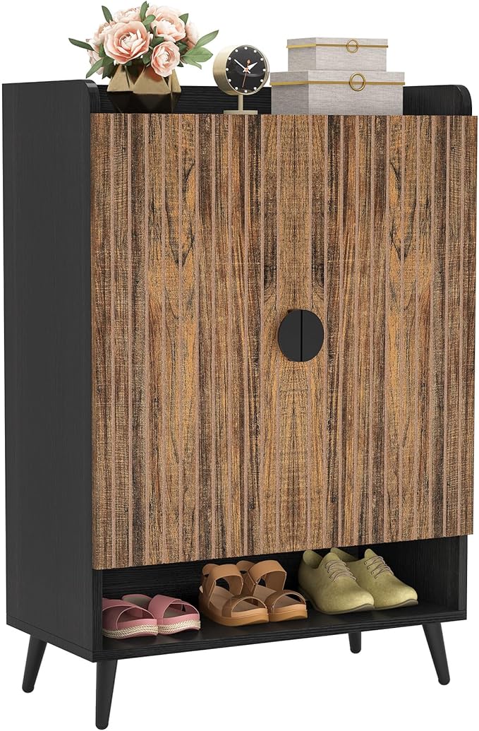 Tribesigns Shoe Cabinet with Doors, 7-Tier Shoe Storage Cabinet with Adjustable Shelves, Wooden Shoes Rack Shoe Storage Organizer for Entryway, Hallway, Closet, Living Room, Rustic Brown