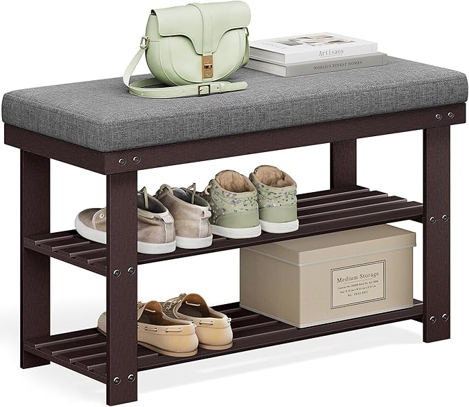 SONGMICS Bamboo Shoe Bench, 3-Tier Shoe Rack Organizer for Entryway, Living Room, Bench Seat Holds Up to 300 lb, 11.9 x 28.3 x 19.2 Inches, Rustic Walnut and Slate Gray ULBS604CG