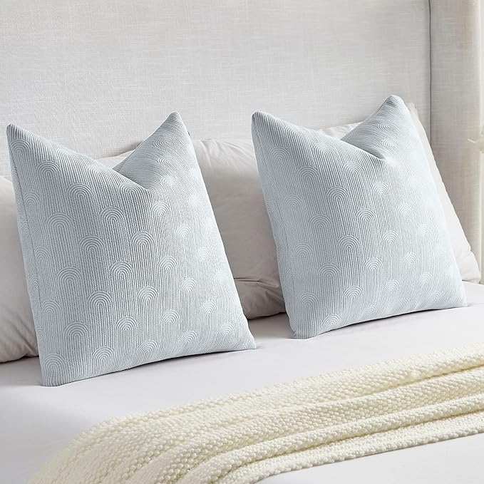 FUTEI Light Blue Chenille Decorative Throw Pillow Covers 18x18 Inch Set of 2,Soft Cozy Striped Geometric Patterns Cushion Cases,Modern Home Decor for Couch Bed Living Room