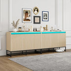 Fluted Sideboard Buffet Cabinet with Storage, 47" Wood Storage Cabinet with Doors and Adjustable Shelves LED Light, Modern Credenza for Kitchen, Dining room, Living room, Entryway(Oak, set of 2)