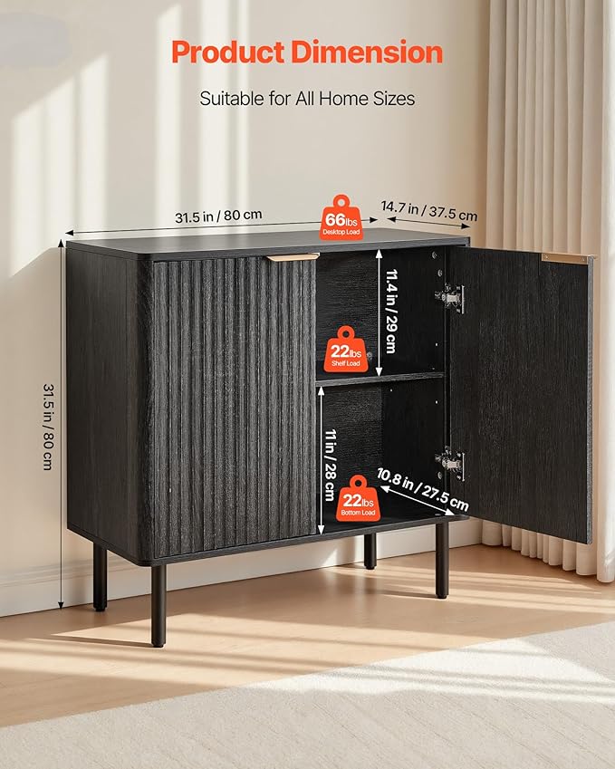 VEVOR Fluted Cabinet, Buffet Cabinet with 2-Tier Storage, Coffee Bar Cabinet with Adjustable Shelves, Sideboard Buffet for Hallway, Entryway, Living Room, or Kitchen, Black