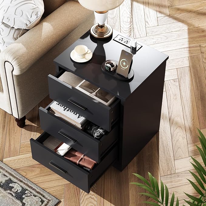 LIDYUK Black Dresser for Bedroom, 3 Drawer Dressers & Chest of Drawers, Modern Wood Dresser with Charging Station, End Table Nightstand Bedside Table for Bedroom, Living Room