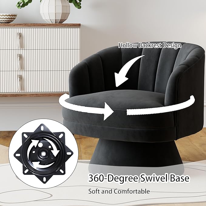 Swivel Accent Chair,Upholstered Velvet 360° Swivel Barrel Chair for Living Room Overstuffed Bouncle Reading Chair Round Armchair for Bedroom,Vanity,Office (Black)