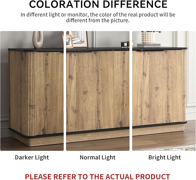 LKTART 55" Sideboard Buffet Cabinet with Storage, Wooden Fluted Storage Cabinet Sideboard with Adjustable Shelves Metal Rounded Corner for Kitchen Living Room (Natural)