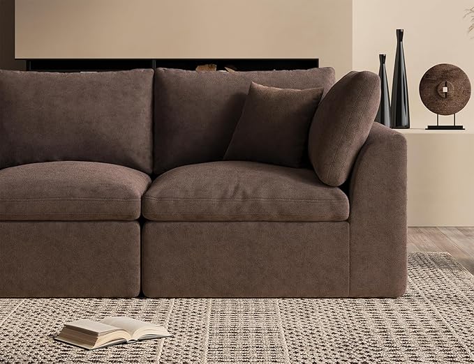 110" Cloud Sectional Couches for Living Room, Boneless L-Shape Couch with Ottoman, 3 Seater Modular Sectional Sofa, Brown
