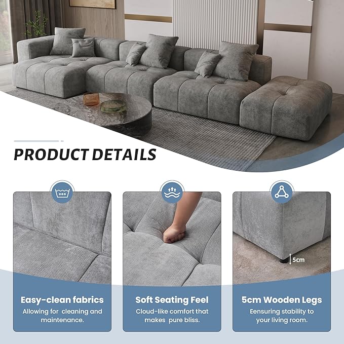 WJShome 144" Sectional Couches for Living Room,Modular Sectional Sofa, U Shaped Couch, Linen Deep Seat Cloud Couches with Pillow for Living Room,Gray