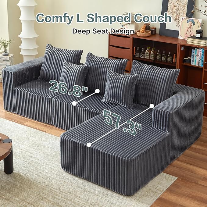 101" Boneless Sectional Couch,Compressed Memory Foam Couch in a Box, Modular Sectional Sofa with Oversized Chaise, Corduroy Boneless Sofa for Living Room, No Assembly Required (Grey)