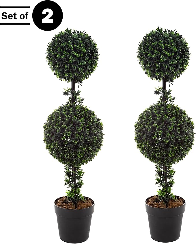 Set of 2 Topiary Trees - 36-Inch Double Ball Podocarpus Fake Plants - Realistic Indoor or Outdoor Potted Faux Plants for Home Decor by Pure Garden