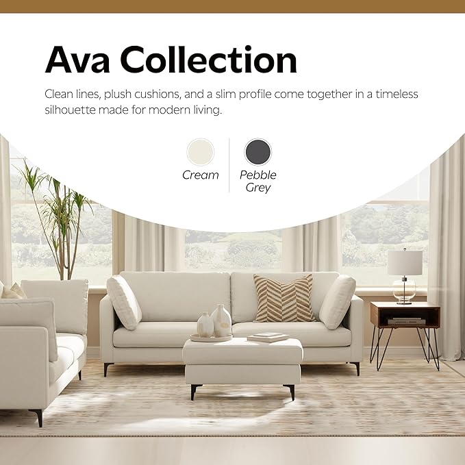 SIMPLIHOME Ava Ottoman in 100% Recycled Polyester Tightly Woven Performance Fabric, Cream, 36-inch Wide, Mid-Century Modern Style Multipurpose Table or Footrest Ottoman, Assembled,for Living Room