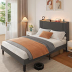 Gizoon Queen Bed Frame with Charging Station and LED Lights,Upholstered Wingback Platform Bed with Wooden Slats,Noise-Free,No Box Spring Needed