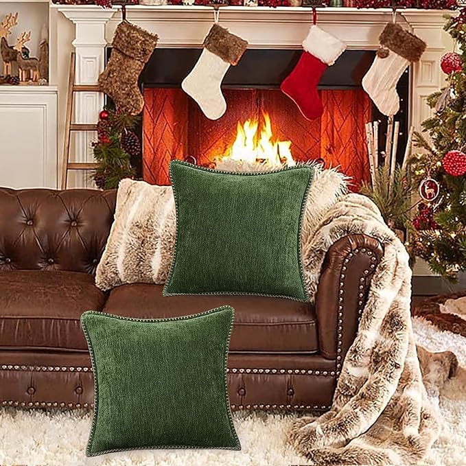 decorUhome Christmas Chenille Soft Throw Pillow Covers 22x22 Set of 2, Farmhouse Velvet Neutral Decorative Euro Fall Pillow Covers with Stitched Edge for Couch Sofa Bed Home Decor, Forest Elf