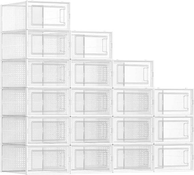 SONGMICS Shoe Boxes, Pack of 18 Shoe Storage Organizers, Stackable Clear Plastic Boxes for Closet, Sneakers, 13.1 x 9.1 x 5.6 Inches, Transparent and White ULSP18SWT