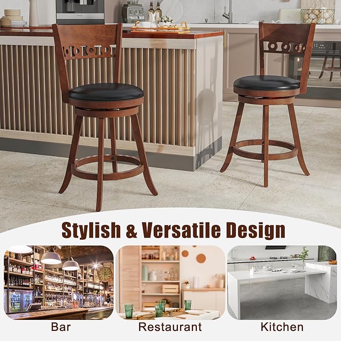 COSTWAY Bar Stools Set of 4, 24.5” Counter Height Bar stools with Solid Wood Legs, Cushioned Seat, Footrest, for Home, Kitchen Island, Bar (4, 24.5'' Seat Height)