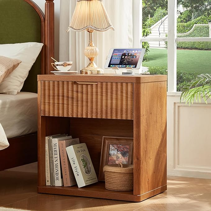 LEYAOYAO Fluted Farmhouse Nightstand Set of 2 with Charging Station, 23" Wide 1 Drawers Night Stand,Brown Dresser for Bedroom,Bed Side Table Chest of Drawers,Wood End Table for Living Room