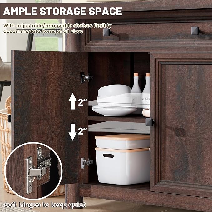 59" Large Buffet Cabinet with Storage, Farmhouse Walnut Sideboard Coffee Bar with 4 Doors & Adjustable Shelves, Wood Credenza Accent Coffee Bar Console Table for Living Room Hallway