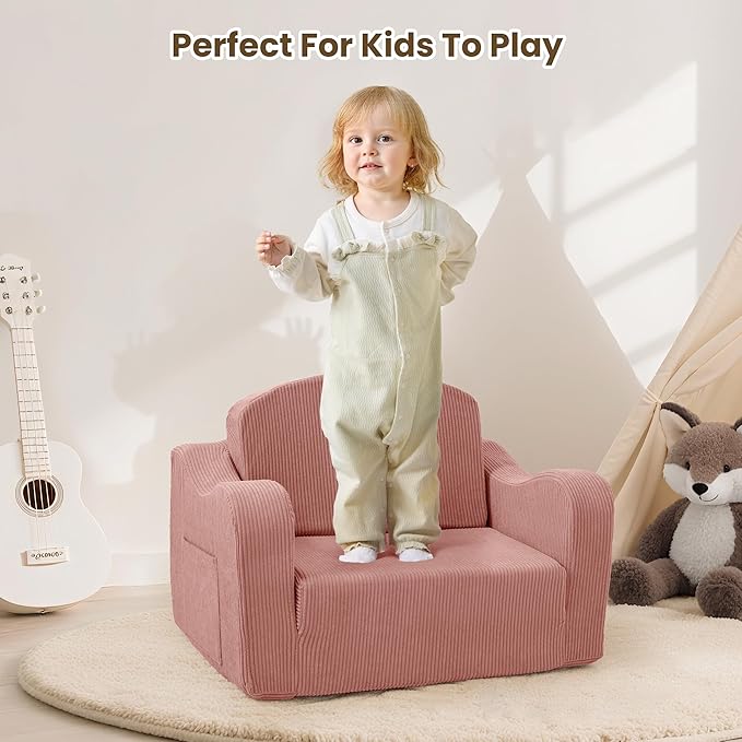 Comfy Toddler Chair for Kids, 2-in-1 Toddler Soft Plush Couch Fold Out, Convertible Kids Couch to Lounger, Baby Sofa for Boys and Girls, Pink