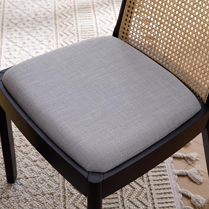 Rattan Dining Chairs Set of 4, Modern Dining Room Chairs with Cane Back Comfy Accent Kitchen Chair Upholstered Linen Fabric Chair for Restaurant/Living Room, Grey
