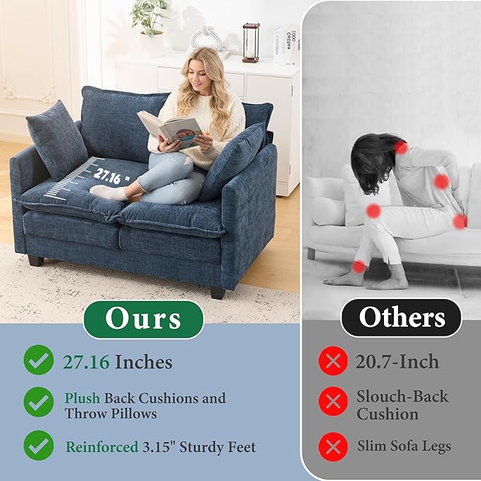 50" Loveseat Sofa Small Cloud Couch | Mini Chenille Love Seat Couches with 2 Pillows | 27.16" Deep Seat for Small Spaces Bedroom Dorm Apartment | Blue