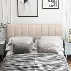 KOMFOTT Linen Upholstered Headboard for Full & Queen Size Bed, Vertical Channel Tufted Rectangular Headboard with Solid Wood Legs & Adjustable Width, Padded Bed Backboard, Easy Assembly, Beige