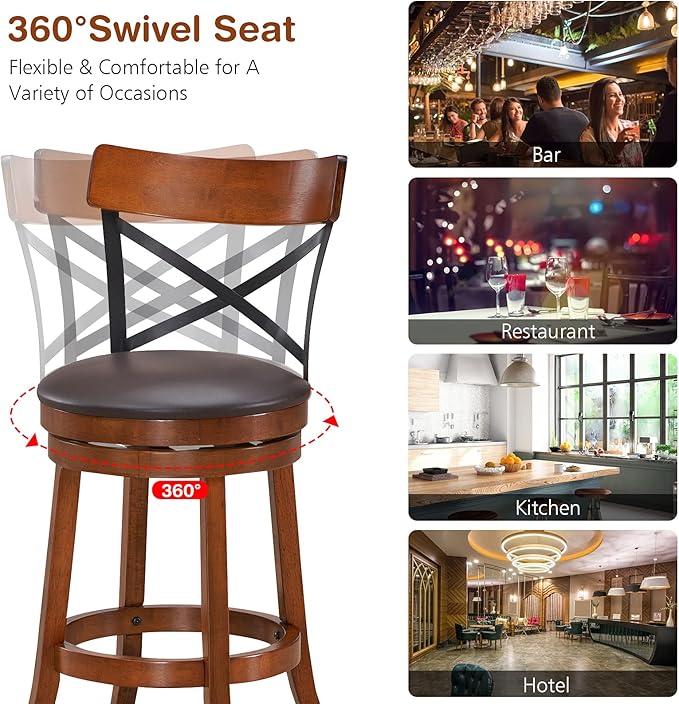 COSTWAY Bar Stool Set of 4, 360-Degree Swivel Solid Wood Stools with Soft Cushion & Backrest, 29.5” Height Kitchen Counter Bar Stools for Kitchen Island, Pub, and Restaurant (4, 29in)