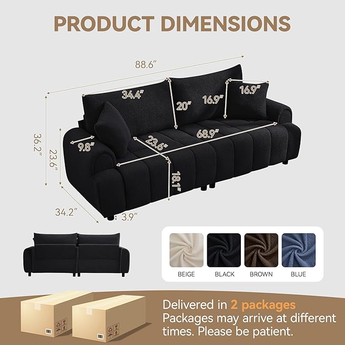 88 "Modern Boucle Sofa Couch, Oversized Comfy 3 Seater Sherpa Curved Sofas Deep Seat, Upholstered Loveseat Teddy Round Arm Couches for Living Room, Bedroom, Black