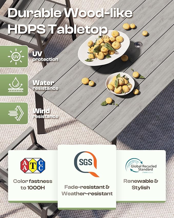 Outdoor Dining Set for 4, Patio Table and Chairs Set with Umbrella Hole, 5 Pieces HDPS Outdoor Furniture Sets for Patio, Garden, Backyard (Gray)