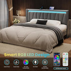 SHA CERLIN King Size Bed Frame with Charging Station and LED Lights, Modern Velvet Platform Bed with Upholstered Geometric Wingback Headboard, No Box Spring Needed, Easy Assembly, Grey