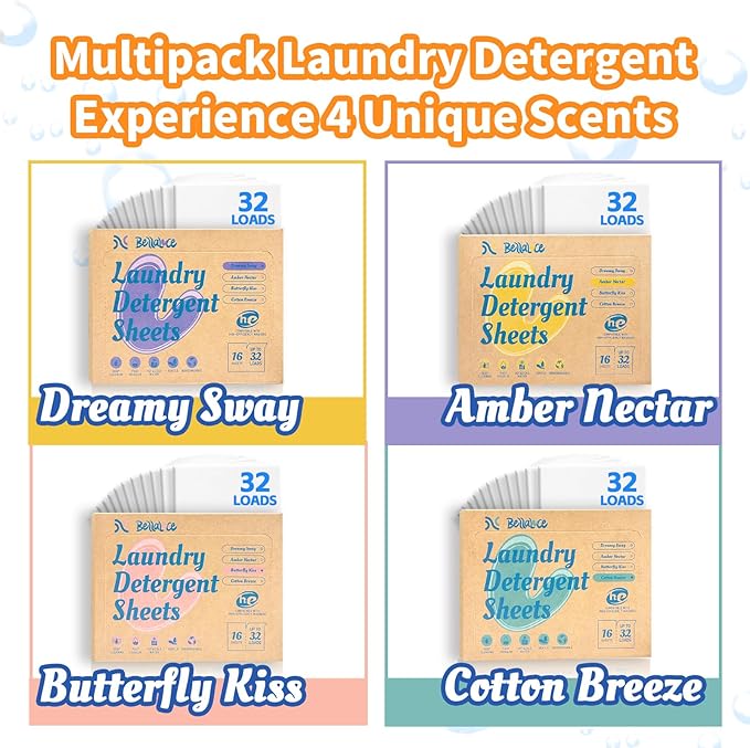 Laundry Detergent Sheets - 4 New Scented 128 Loads Travel Laundry Sheets for Dorm,College,Home,Hotel,Apartment,Camping,Ruise,Road Trip,Beach Vacation,Small Space,Family School Travel Essentials