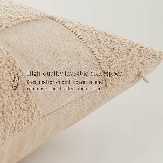 Double Stitch 100% Cotton Throw Pillow Covers - Set of 2 Checkered Tufted Boho Decorative Pillow Covers 20x20, Made in India, Square Cushion Case, Modern Home Decor for Couch, Sofa, Living Room, Oat