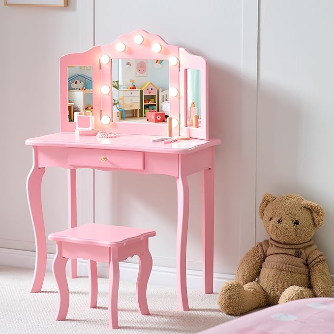 Kids Vanity Set, Kids Vanity Table and Chair Set with Stool and Light, 2 in 1 Wooden Kids Make Up Vanity Desk, Princess Makeup Table with Drawer for Girls