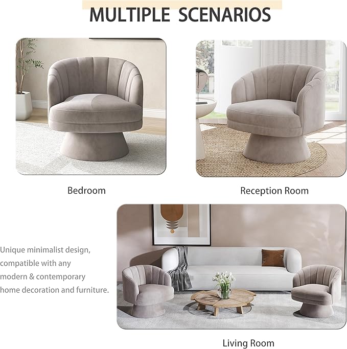 Swivel Accent Chair,Upholstered Velvet 360° Swivel Barrel Chair for Living Room Overstuffed Bouncle Reading Chair Round Armchair for Bedroom,Vanity,Office (Grey)