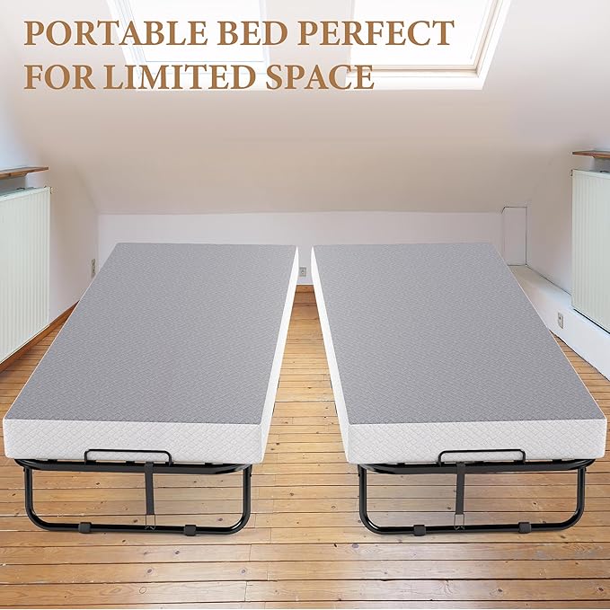 Folding Bed with Memory Foam Mattress, Portable Rollaway Guest Beds on Wheels, 75"x31" Twin Size Space-Saving Cot-Size Bed for Adults with Easy Assembly Metal Frame (Grey)