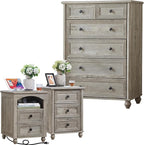 Farmhouse Dressers and Night Stand Set of 3, Wood 43.5'' Tall Dresser and 18'' Wide Chest of Drawers, Roman Column Nightstand Set of 2, Bedroom Furniture Dresser Suites for Living Room, Hallway, Home