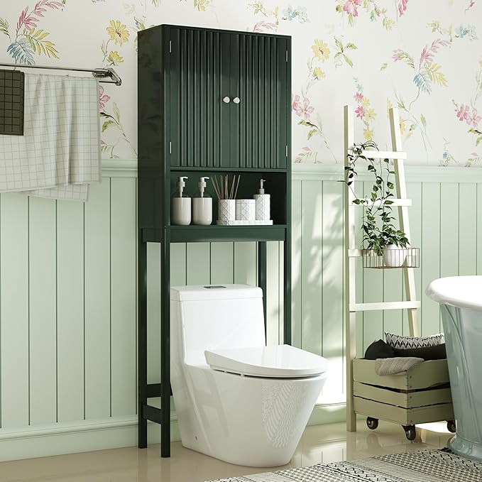 Tangkula Over The Toilet Storage Cabinet, Bathroom Space Saver with Fluted Doors Adjustable Shelf & Bottom Bar, Freestanding Above Toilet Storage Cabinet Organizer for Laundry, Restroom (Forest Green)